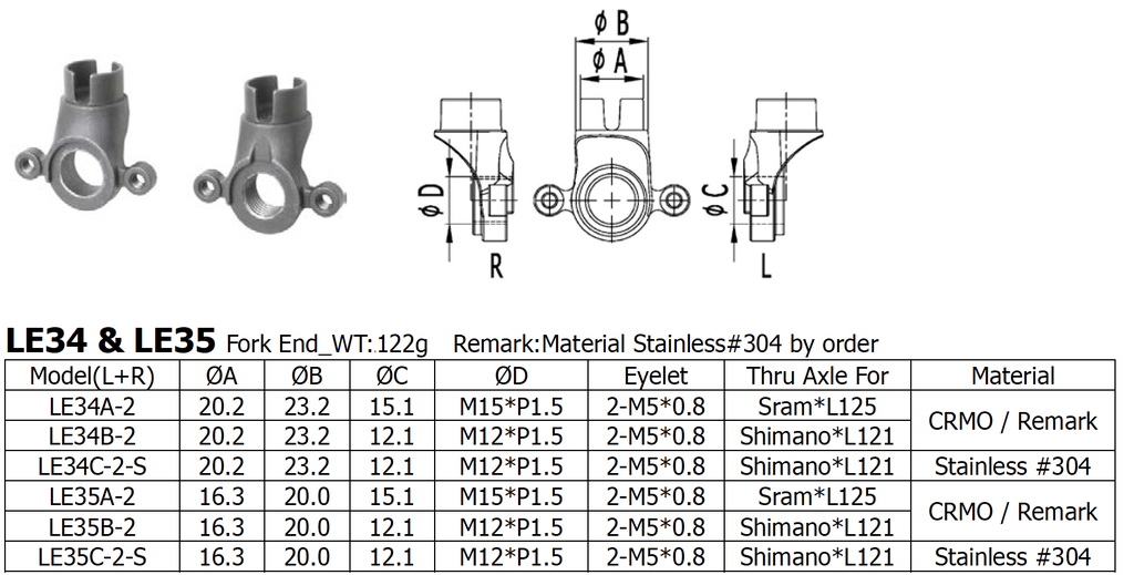 Long Shen Fork Dropout Set, Thru-Axle (LE34B-2)