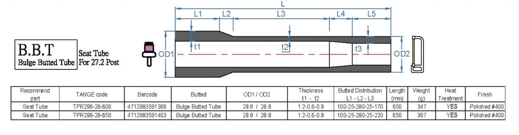 Tange Prestige Seat Tube 29.8/28.8 600 (1.2-.6-.9)