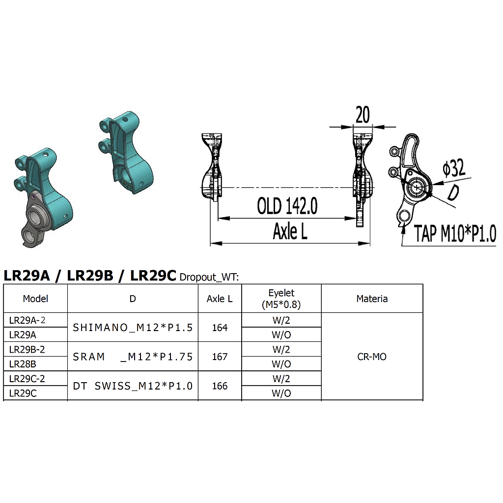 Long Shen Thru-Axle-Dropout Set (LR29A-2)(Shimano P1.5)