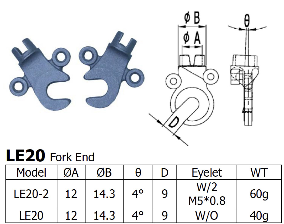 Long Shen Fork End Set, With Tab, ONE Eyelet, Stainless  (LE20-1-S)