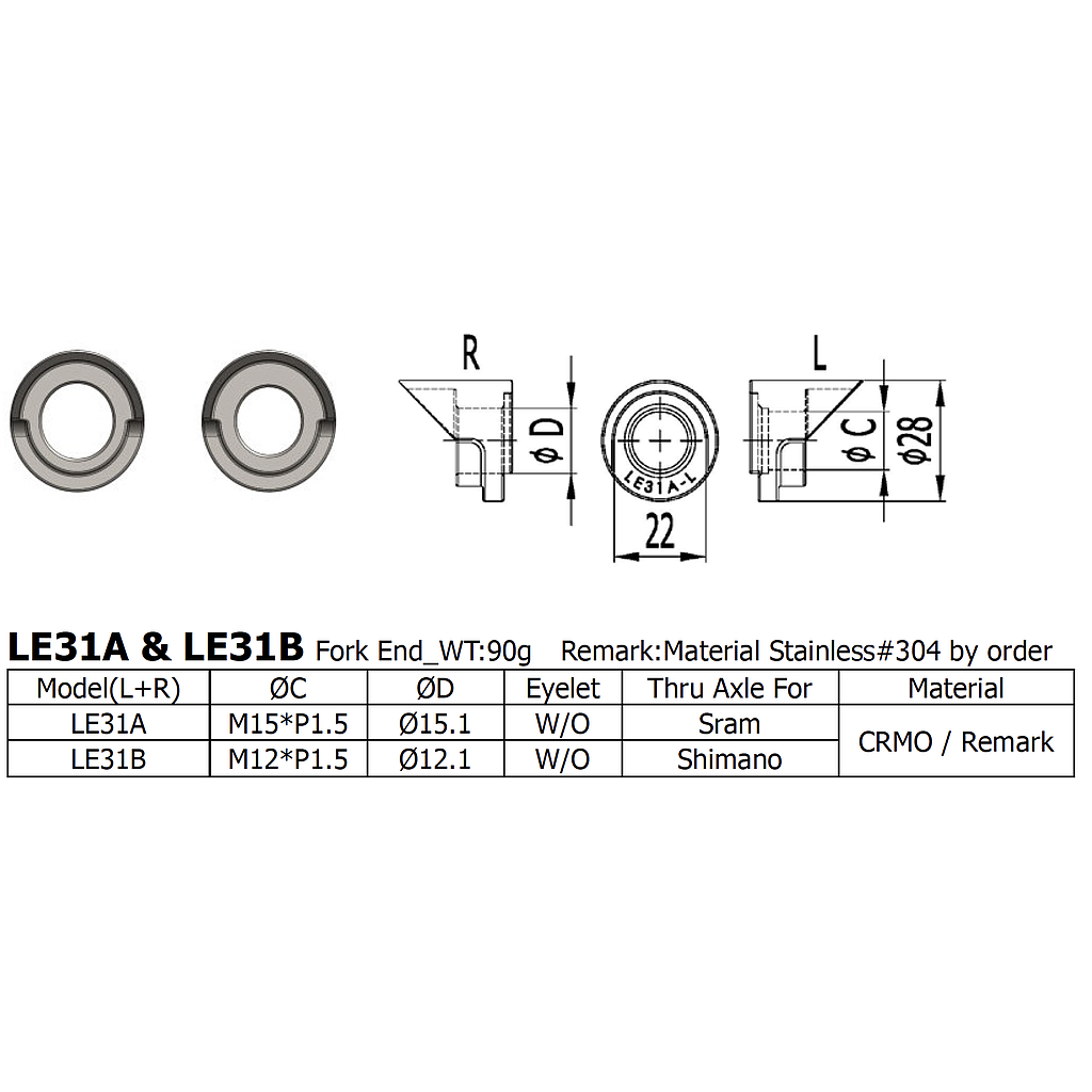 [LS-LE-31-B] Long Shen Fork End Set, Thru-Axle (LE31B)