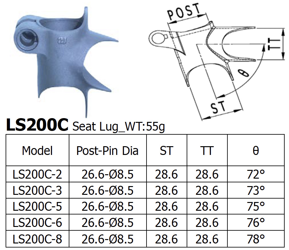 [LS-LS-200-C-3-S] Long Shen Stainless Seat Lug, 28.6 x 28.6, 73 degrees (LS200C-3-S)
